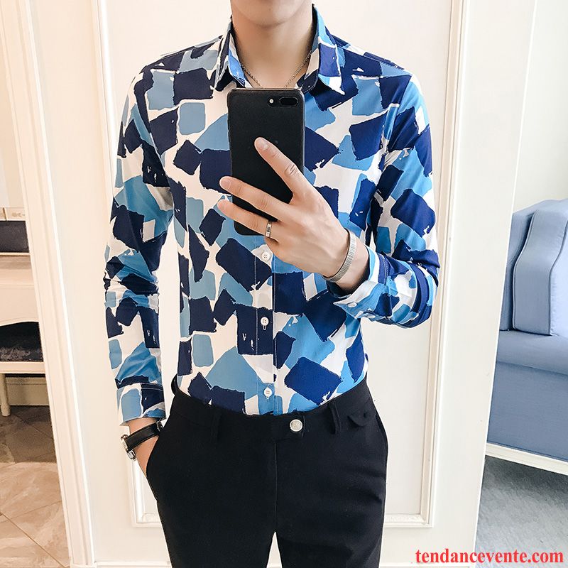 Chemises Homme Mode Une Veste Décontractée Longues Tendance Revers Roulé Impression Bleu